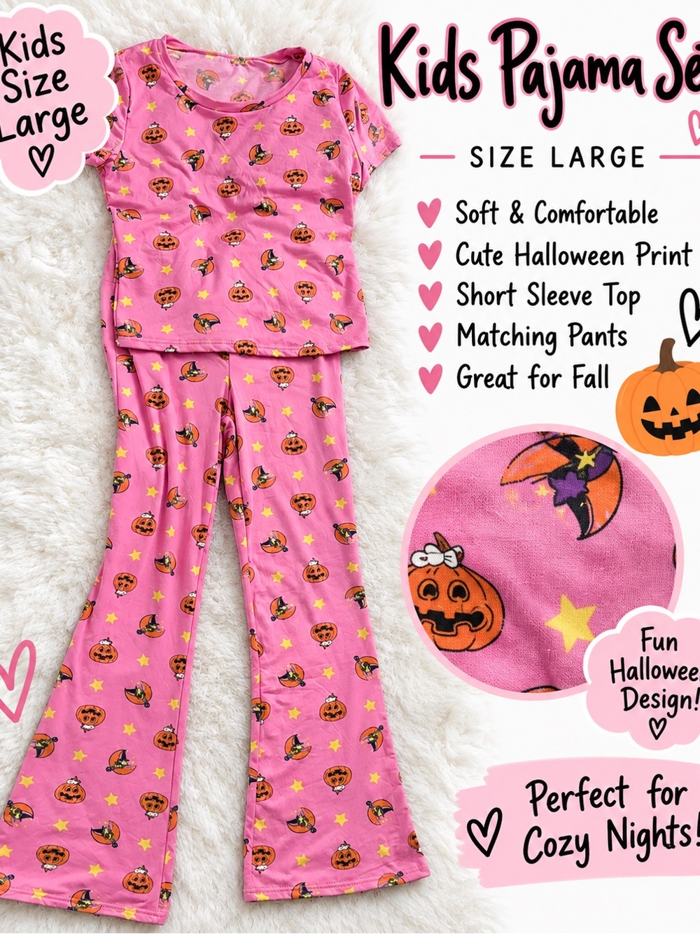 Kids Halloween Pumpkin Pink Pajama Set - Short Sleeve Top & Matching Pants